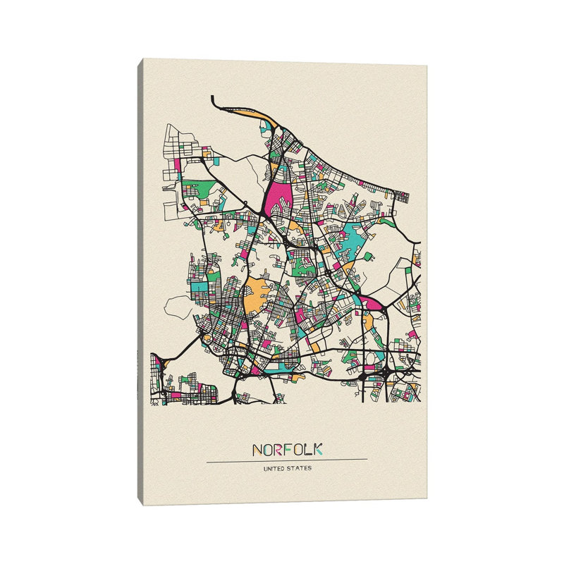 «Norfolk, Virginia Map» par Ayse Deniz Akerman - impression sur toile tendue, H 12 po x l 8 po x P 0,75 po