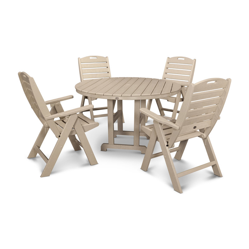 Nautical Folding Chair 5-Piece Round Farmhouse Dining Set, Sand