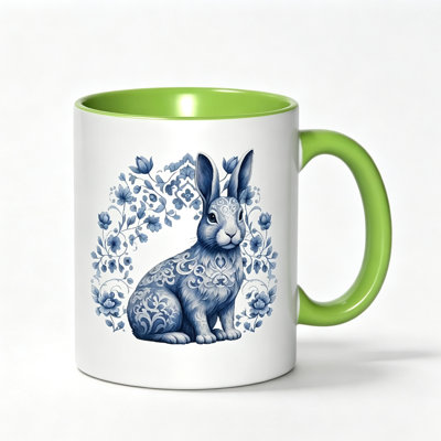 Vintage Rabbit And Floral Ceramic Coffee Cup - Elegant Blue And White Tea Cup with Gorgeous Lily of The Valley Pattern.