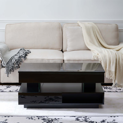Table basse à plateau relevable de 39,3 po avec compartiment caché, 2 tiroirs de rangement et lumières DEL ajustables, tables basses multifonctionnelles modernes pour le salon, la chambre à coucher et le bureau