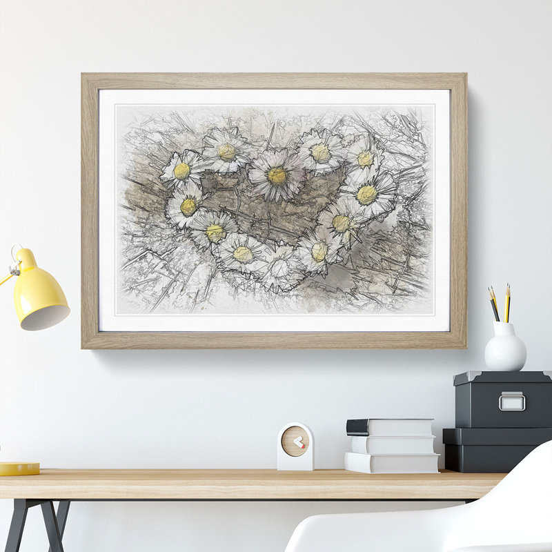 Daisy Heart Chain - Picture Frame Painting, 65cm H x 90cm W x 2cm D, Oak