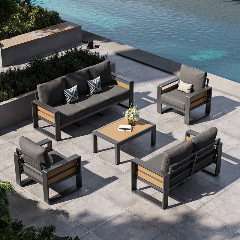 5-pcs Outdoor Aluminum Patio Furniture Sofa Set – Modern Sectional With Removable Cushion For 7-person Seating, Dark Gray