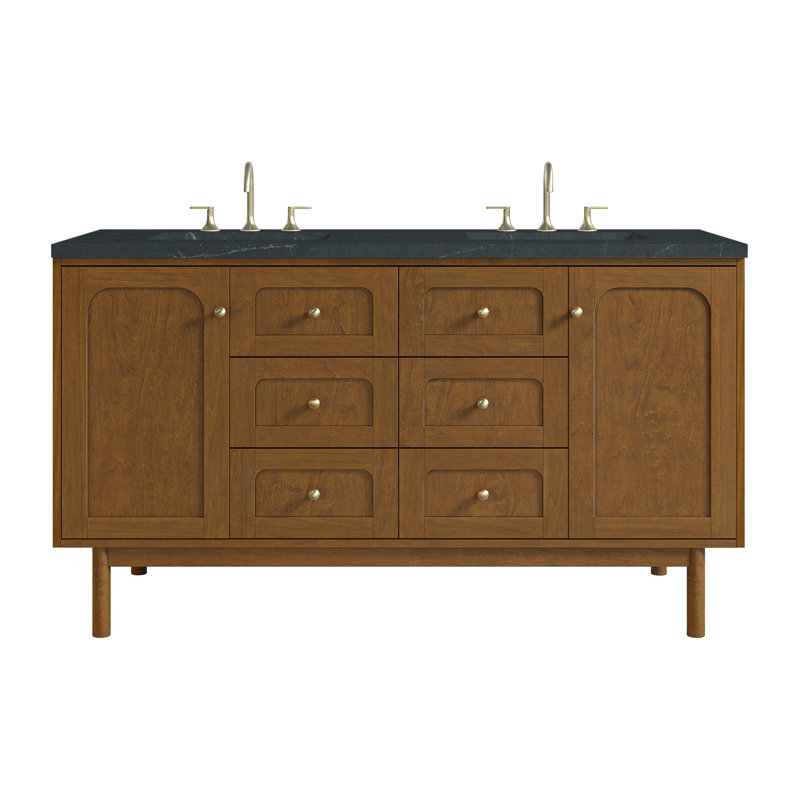 Laurent 60" Double Vanity, Charcoal Soapstone, Widespread, Honey Oak