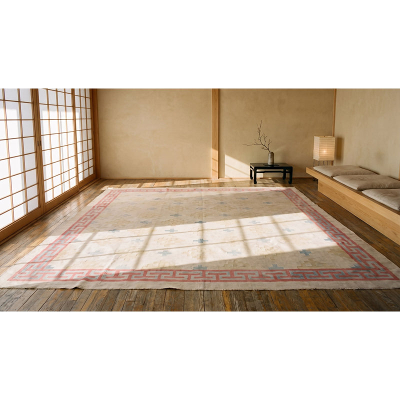 Faded Cream Color Geometric Pattern Antique Square Dhurrie Flatweave Rug