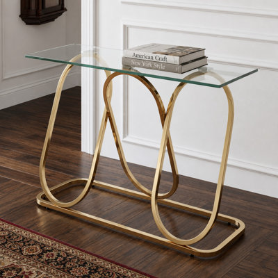 43.3" Modern Tempered Glass Console Table with Ring-Shaped Frames, Metal Frame and Clear Tempered Glass,Suitable for Living Room,Hallway,Corridor and Bedroom - Gold