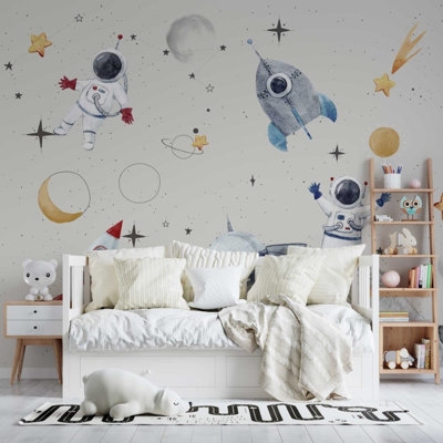 Astronaut and Rocket Space Kids Wall Mural | Outer Space Planet Nursery Wallpaper | Non-Woven or Peel and Stick