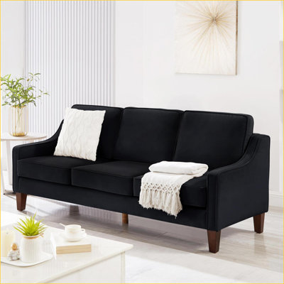 Canapés-lits, canapé moderne à 3 places avec accoudoirs arrondis, coussins amovibles et amp; Pieds en bois pour le salon, la chambre à coucher | Noir | Velours