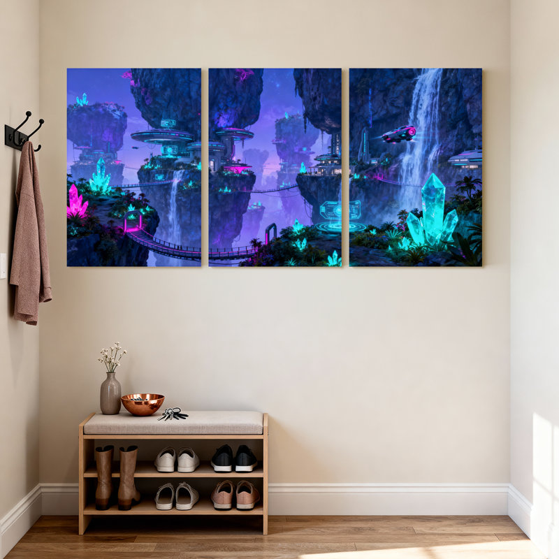 Fantaisie et science-fiction, îles flottantes, cristaux néon, chutes d'eau, paysage futuriste, plantes lumineuses, véhicule planant, ensemble de 3 impressions sur toile