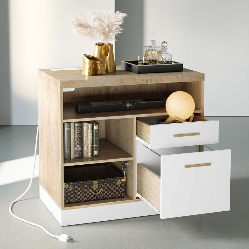 Classeur Adonia 80 cm (L) à 2 tiroirs en bois avec serrure, multiprise et étagères de rangement, idéal pour le bureau à domicile, fini noyer blanc