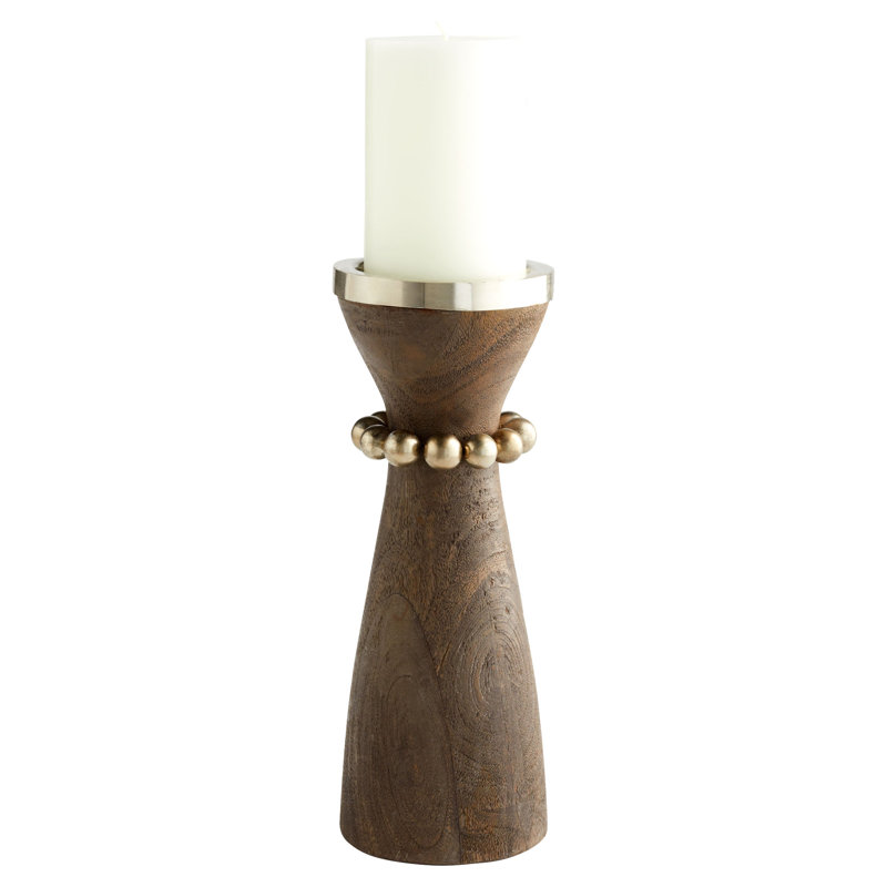 Parvati Wood Tabletop Candlestick, Weathered Gray/Antique Silver/Antique Nickel, 14" H x 5.5" W x 5.5" D