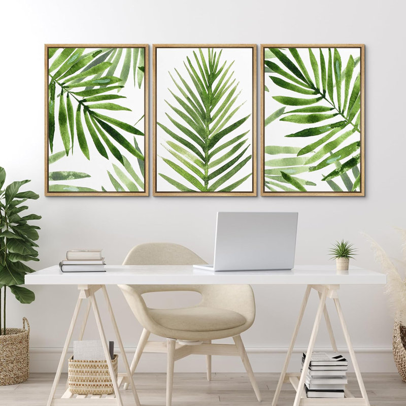 Feuille de palmier tropical vert minimaliste 3 pièces, Naturel, H 36 po x l 24 po x P 1,5 po