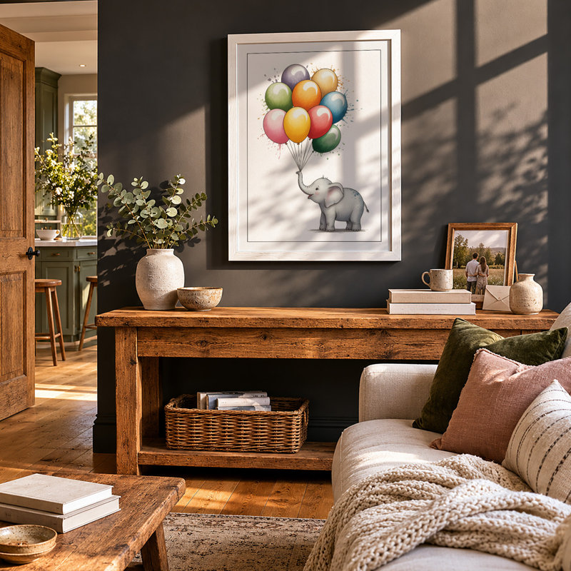 Elephant with Balloons Whimsical - Framed Print, A3 - 42.0 x 29.7 cm, White