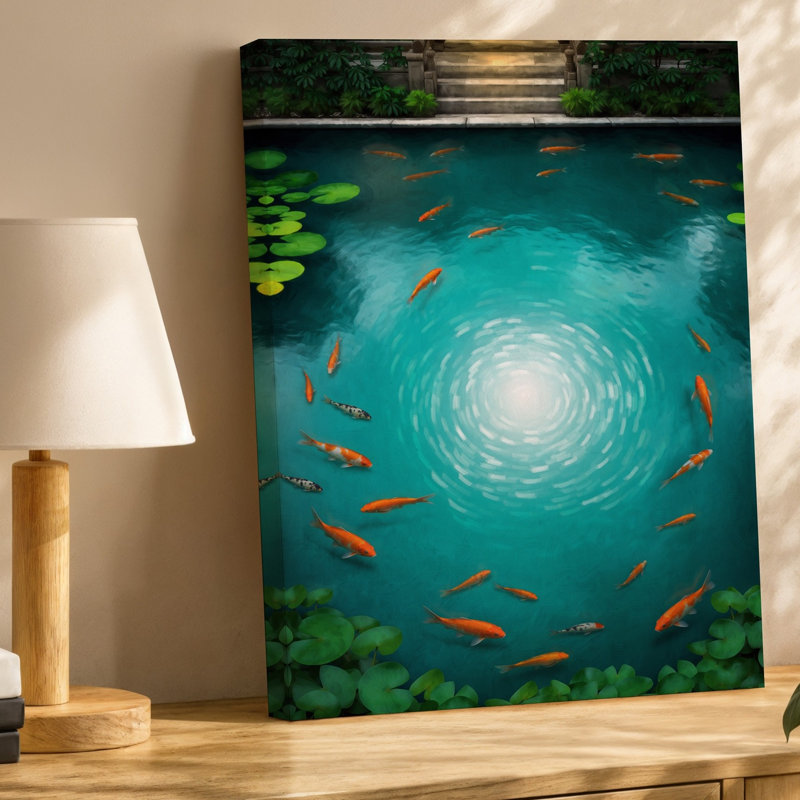 Toile, "Serene Pond Scene Captured From Above", art mural vibrant Koi, H 30 po x l 20 po