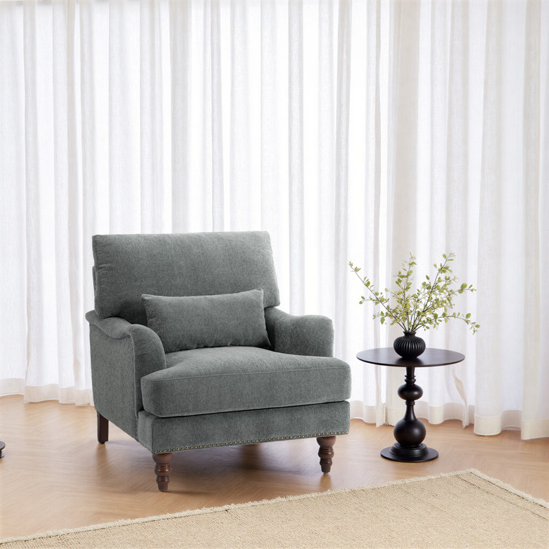 Upholstered Gray Nailhead Trim Accent Chair with Throw Pillow and Solid Wood Legs, Gray Chenille