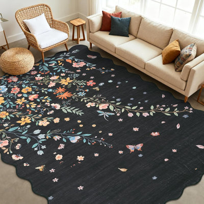 Tapis festonné à motif floral 8 x 10 - lavable, antidérapant, doux pour le salon, la chambre à coucher, la salle à manger et le bureau personnel (noir)