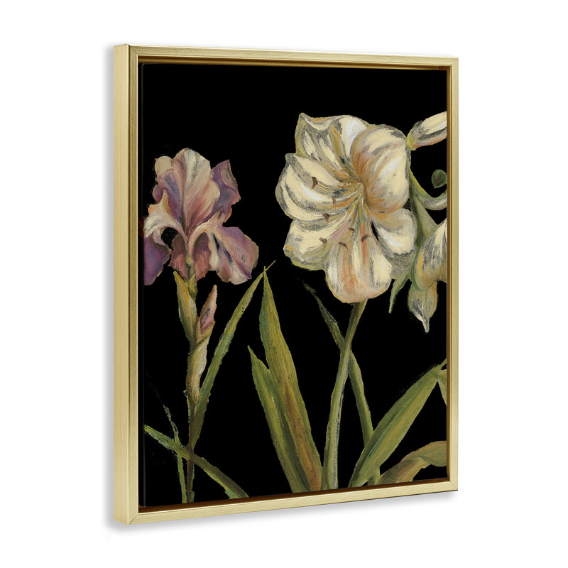 «Iris Flowers on Black», art mural sur toile flottante par Patricia Pinto, H 31 po x l 25 po, Cadre flottant métallique doré