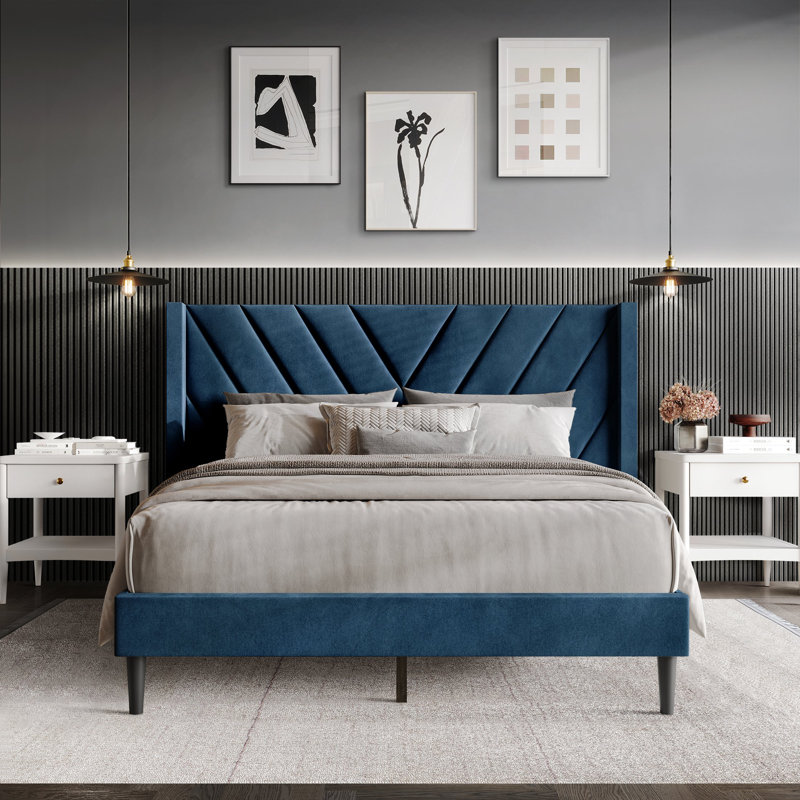 Elegence Wingback Platform Bed, Full, Navy Blue