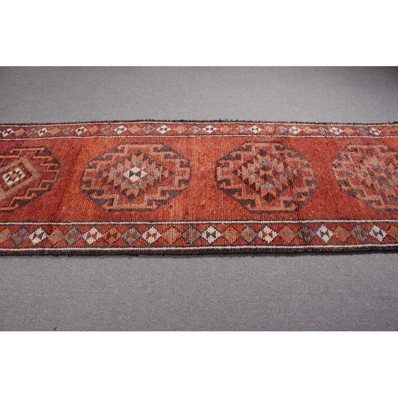 Tapis turc rétro en laine Herki avec motifs géométriques, idéal pour les escaliers