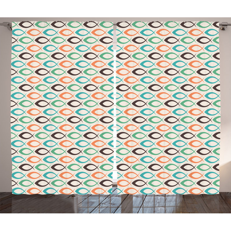 Retro Style Fish Pattern Underwater Semi Sheer Curtains, 140cm W  x 245cm L