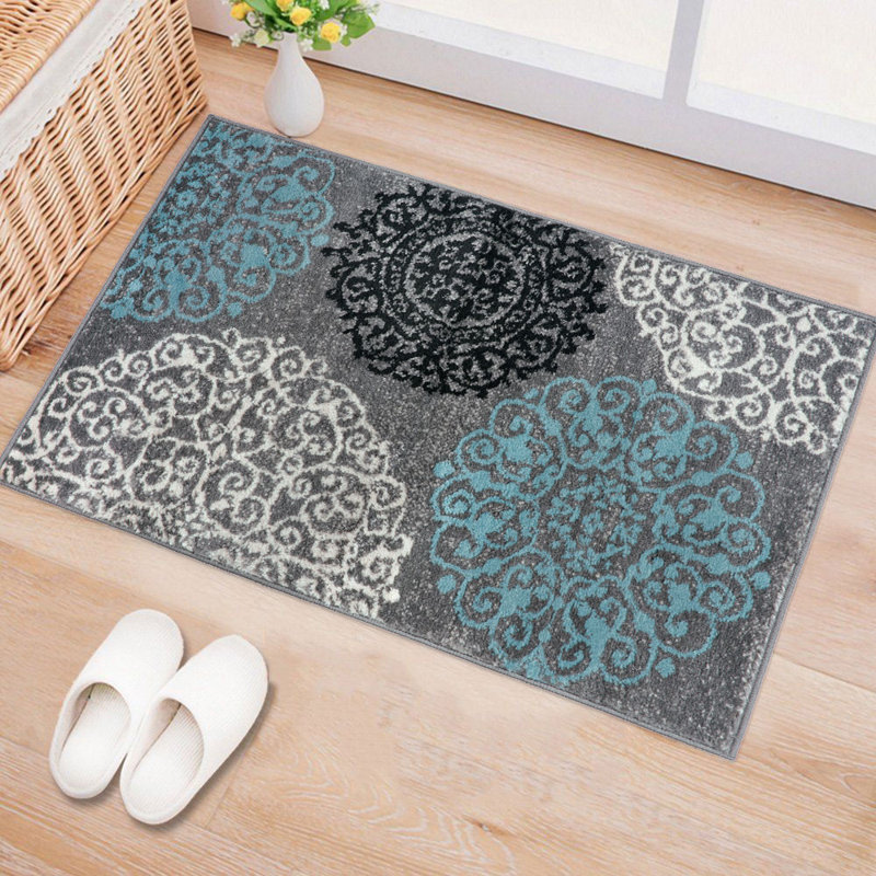 Tapis gris / bleu / noir à motif floral Padowski, Rectangle 2 pi x 3 pi