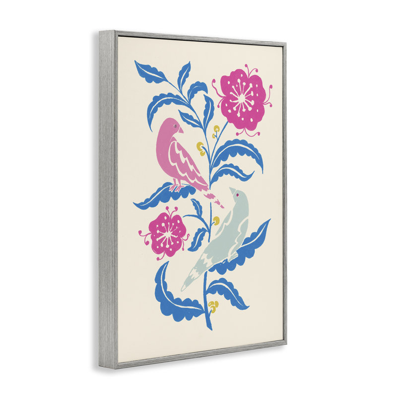 Couple d'oiseaux minimalistes sur feuilles, estampe numérique, design par Hannah Moren, H 30 po x l 20 po