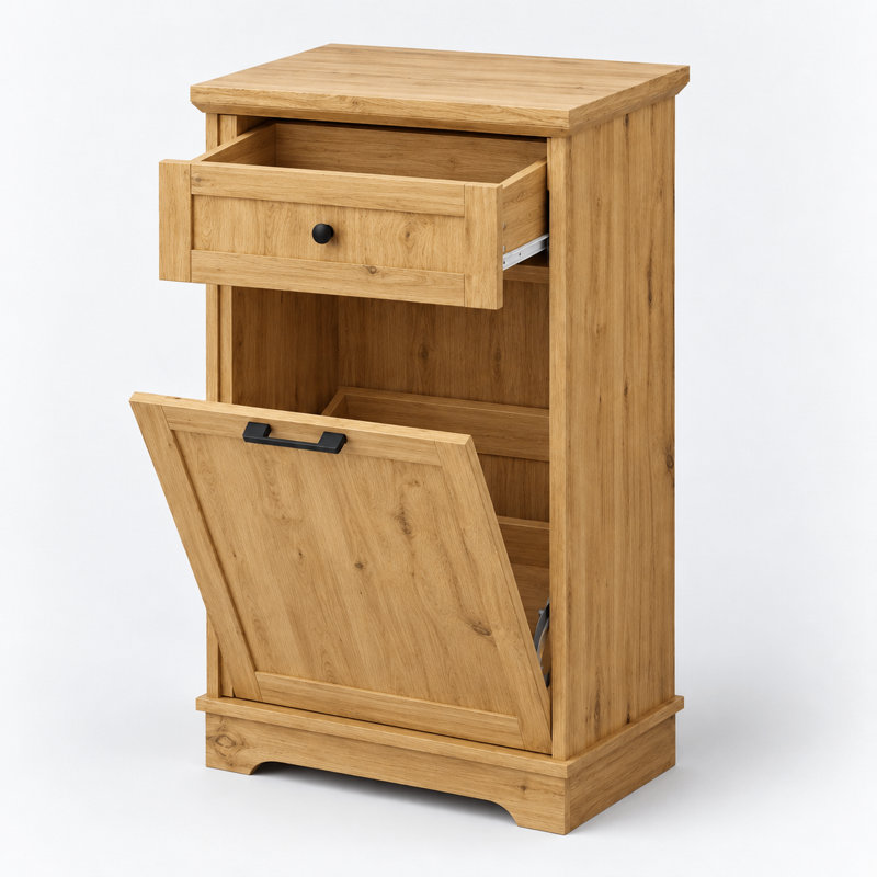 Meuble de poubelle basculant de style champêtre avec tiroir de rangement et support de poubelle dissimulé résistant aux animaux de compagnie pour la cuisine, la buanderie et le salon