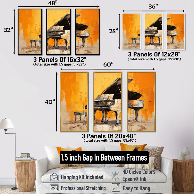 Ensemble de salon Orange Piano Modernist, Cadre flottant doré, H 32 po x l 48 po x P 1 po