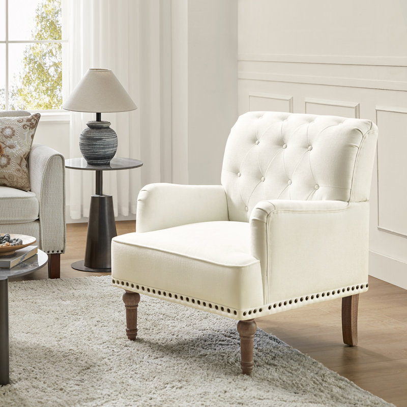 Wilkey Armchair with Tufted Back with Solid Wood Legs, Ivory Polyester