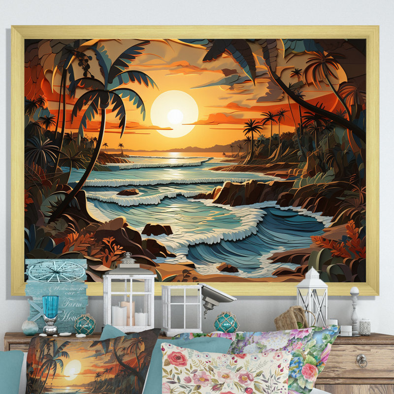Coastal Collage At Sunset I - Décoration murale moderne, H 30 po x l 40 po x P 1,5 po, Encadrement doré