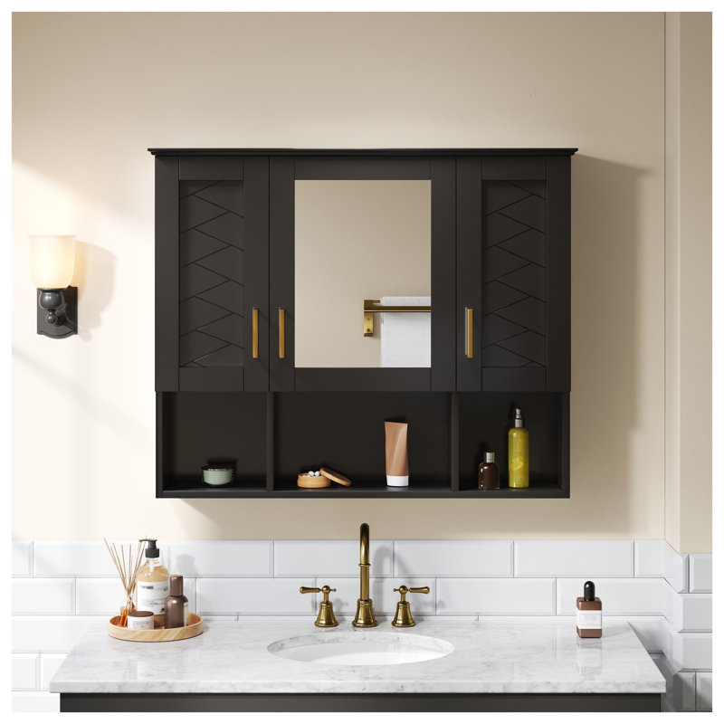 Armoire à pharmacie murale 35 po 2 en 1 avec portes à fermeture en douceur, tablettes réglables et miroir haute définition - Armoire de salle de bain moderne noire pour meuble-lavabo