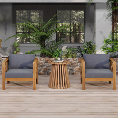 Patio Conversation Set, Outdoor Wood Leisure Seat(Set Of 2),Armchair With Cushions,Acacia Wood Patio Side Table,For Backyard, Lawn, Balcony, Cushion