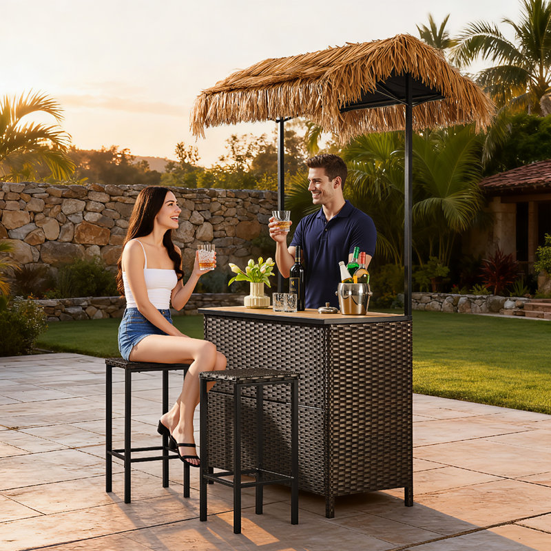 Juiciaca 3-Piece Wicker Patio Bar Set With 2 Stools And Raffia Canopy, Patio Dining Set For Backyard, Poolside, Balcony