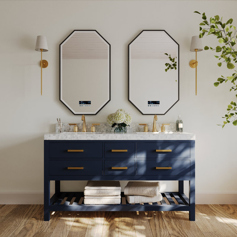 Elizabeth 60 in. Handmade Double Vanity, Heritage Blue/Brushed Gold, Carrara White Marble