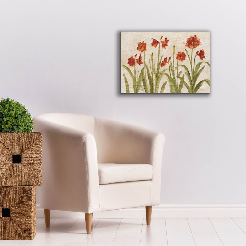 «Row of Red Amaryllis Light» par Cheri Blum, art mural sur toile, H 18 po x l 26 po x P 0,75 po