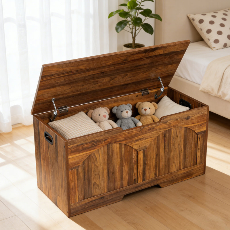 Wooden Shoe Storage Bench with U-Shaped Handle for Entryway, Bedroom, or Living Room - Safety Hinge - 300 lb Capacity - Easy Assembly - Multi-Use Toy Box Organizer - Brown, 100CM
