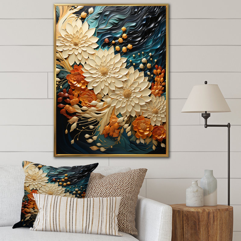«Orange Teal Botanical Whirlwind III», reproduction sur toile, H 20 po x l 12 po x P 1 po, Cadre flottant doré