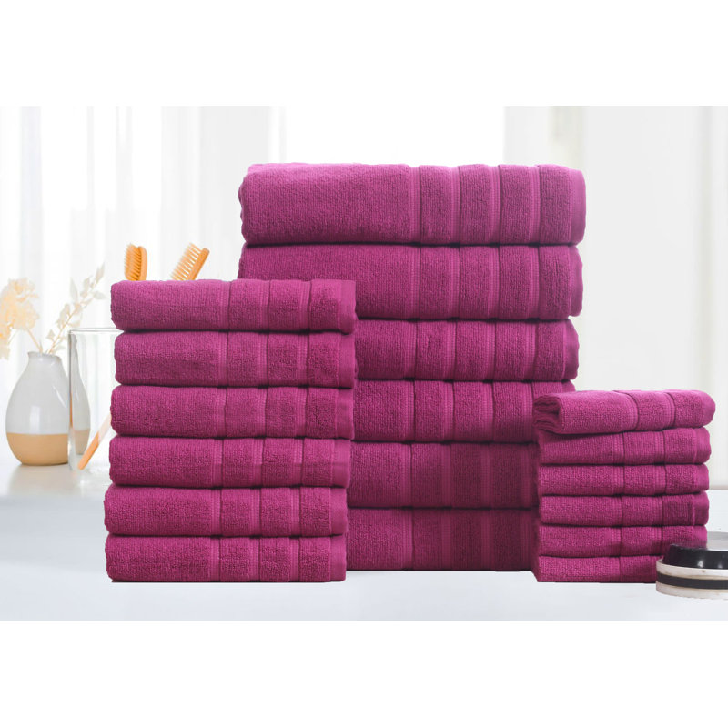 Bibb Home 18 Pc Zero Twist Standard Cotton Towel Set (9 colors available), Raspberry