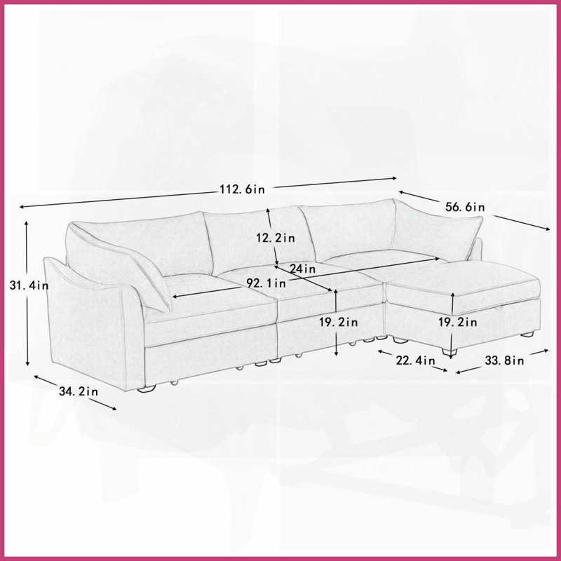 Canapé modulaire moderne en L à 3 places avec repose-pieds mobile en chenille moderne Rangement pour le salon