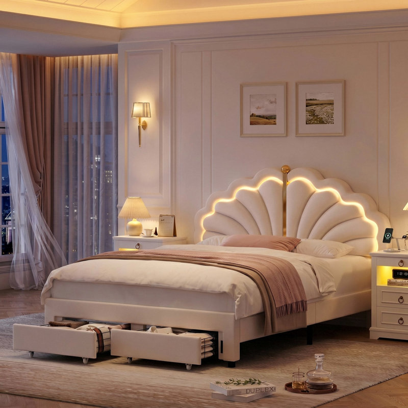 Ensemble de chambre à coucher 3 pièces, lit plateforme avec rangement à DEL et 2 tables de chevet 3 tiroirs