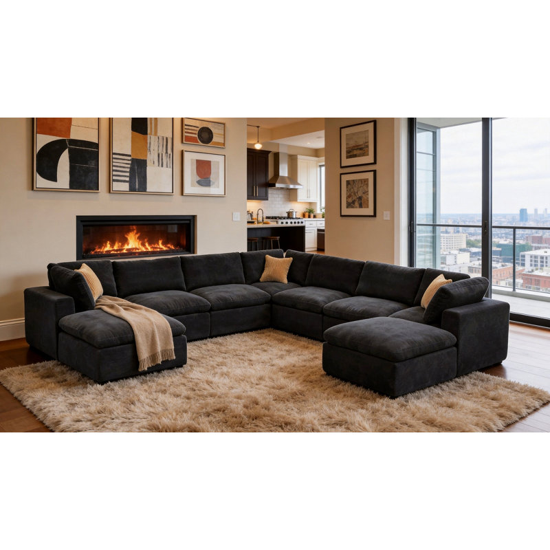 Grain de café modulaire entièrement rembourré avec coussins décoratifs, Mélange de polyester gris foncé