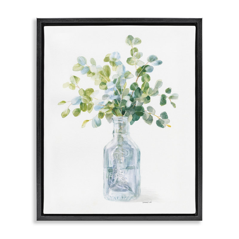 «Flower Jar Still Life Green Blue», peinture sur toile par Danhui Nai, Cadre flottant noir de jais, H 31 po x l 25 po