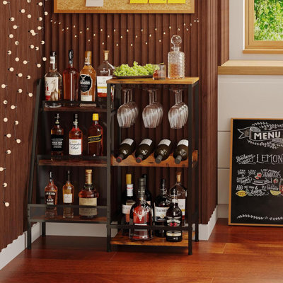 Support à boissons sur pied à 3 niveaux avec mini table de bar, support à vin avec support en verre et clôtures, rangement de plancher rétro pour la maison