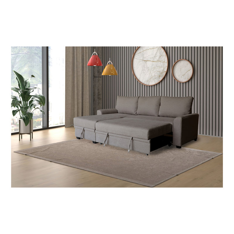 Namir 90.5"W Flannel Fabric Sleeper Sectional with Left-Facing Storage Chaise, Brown Fabric