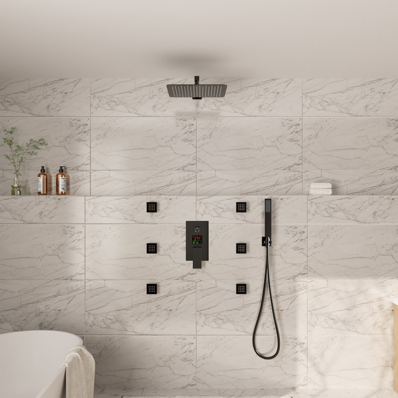 12" LCD Display 3-Function Wall Mounted Pressure Balanced Luxury Shower System with 6 Body Jets, Matte Black