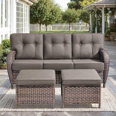 Harbor 3-Piece Outdoor Wicker Patio Furniture Set, 5" Thick Cushioned Rattan Sofa With Ottomans