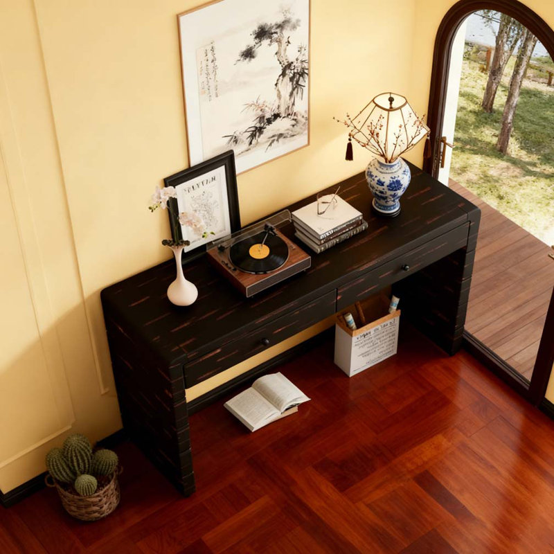 Console avec rangement, table d'entrée en bois avec 2 tiroirs, Noir patiné