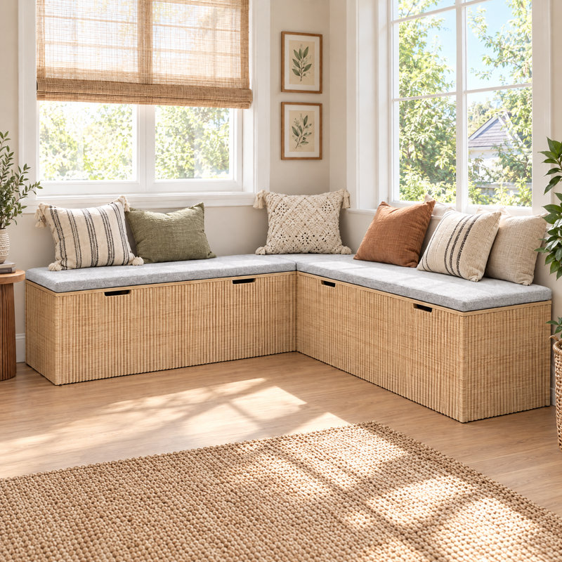 L-Shaped Storage Bench with Cushion, Corner Breakfast Nook with Hidden Storage for Kitchen & Entryway, Natural, Beige