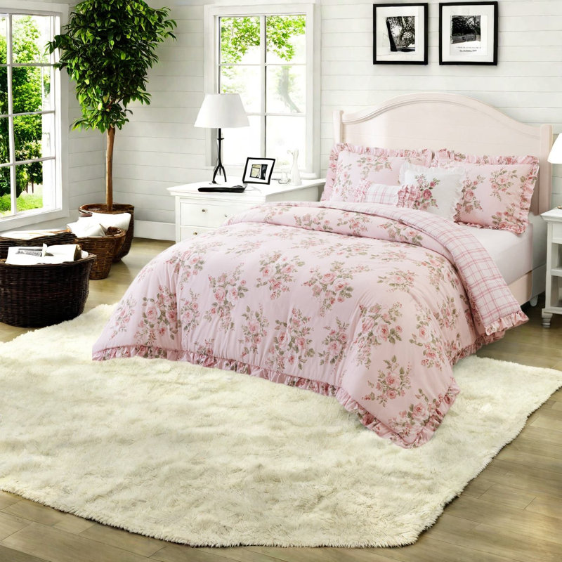 Piece King Bedding Sets, Soft Microfiber Floral Ruffle Comforter for Home