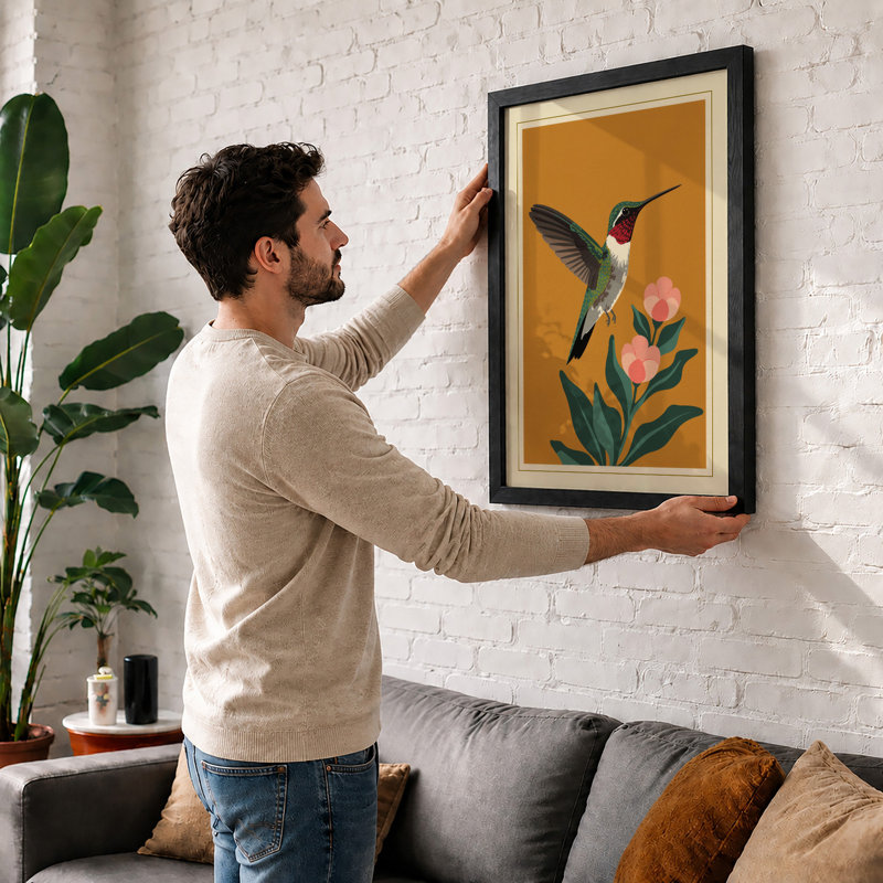 Hummingbird Among Blossoms Botanical - Print, A1 - 84.1 x 59.4 cm, Black