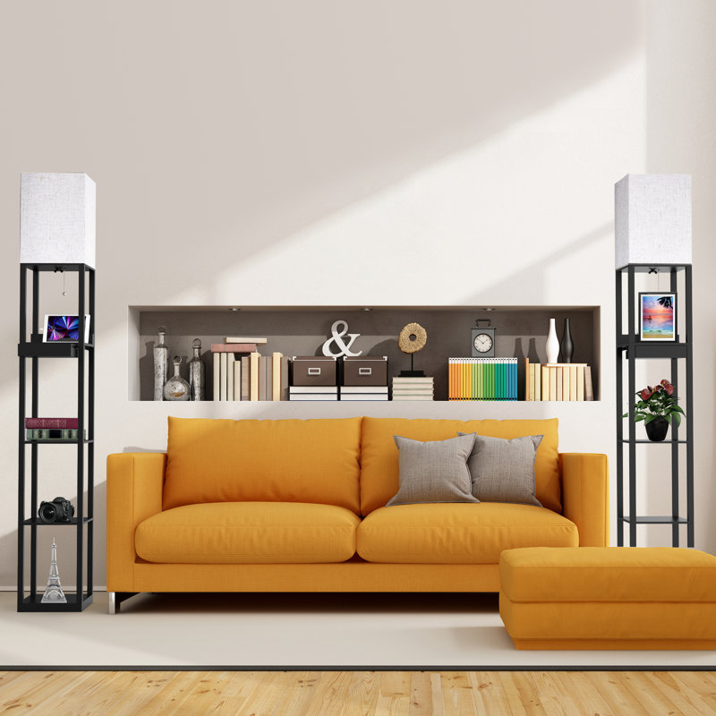 Lampe sur pied colonne 67 "avec tablettes, bois massif, ports USB, tiroir de rangement et ampoule incluse, Lin
